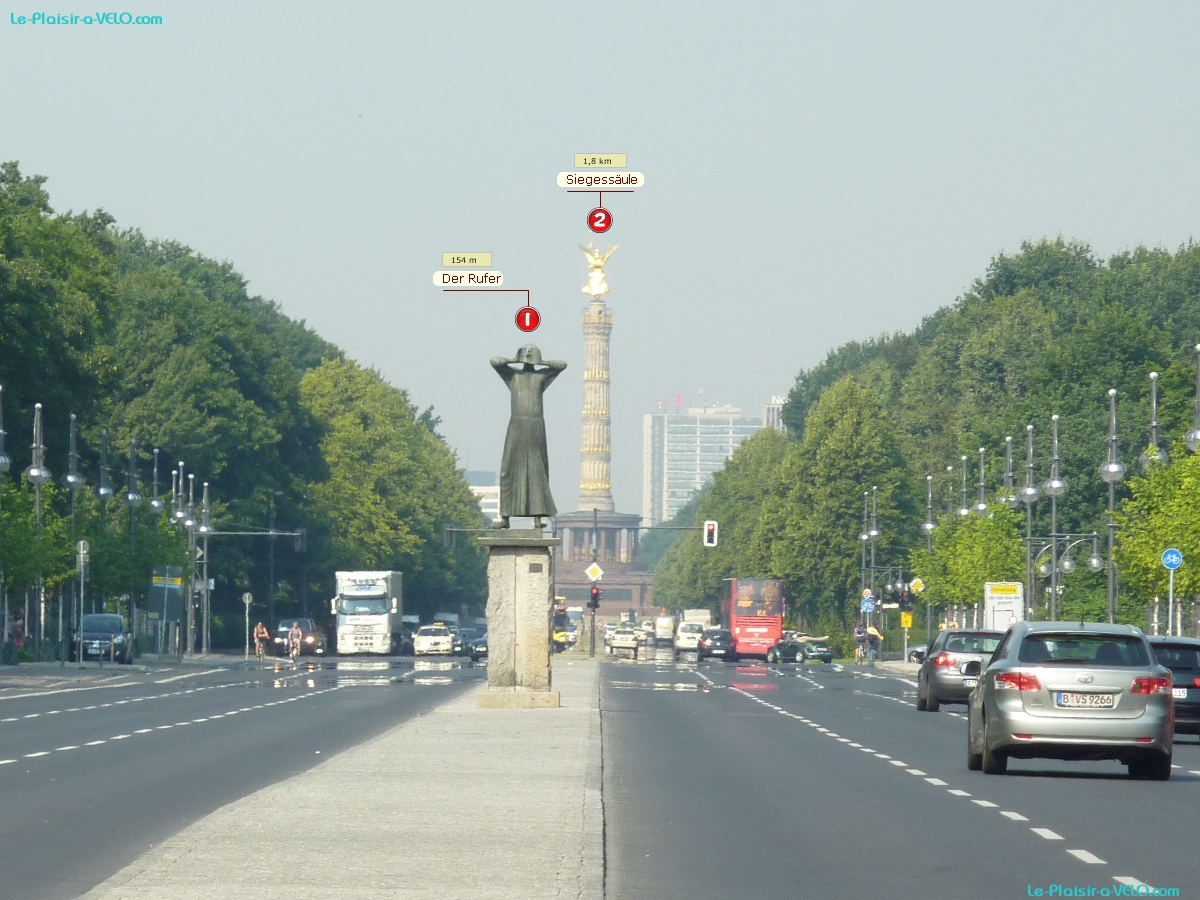 Berlin - Vue de Unter den Linden (depuis Brandenburger Tor) — ⑴ Der Rufer — ⑵ Siegessäule