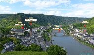 Vue depuis Reichsburg Cochem — ⑴ Kapuzinerkloster — ⑵ Cochem an der Mosel St. Martin Kirche — ⑶ Skagerak-Brücke — ⑷ St Remaclus