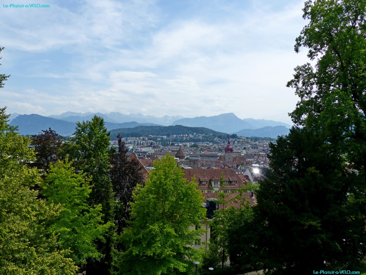 Luzern - Vue depuis le Schirmerturm — ⑴ Kapellbrücke — ⑵ Rathausturm — ⑶ Stanserhorn