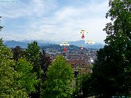 Luzern - Vue depuis le Schirmerturm — ⑴ Kapellbrücke — ⑵ Rathausturm — ⑶ Stanserhorn